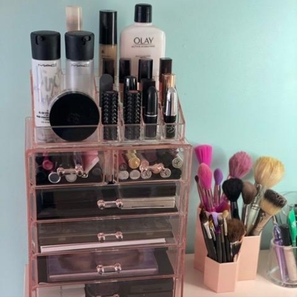 Weiai Makeup Brush Holder Organizer, 3 Slots Peach Pink Cosmetic Brushes Storage - Picture 5 of 8